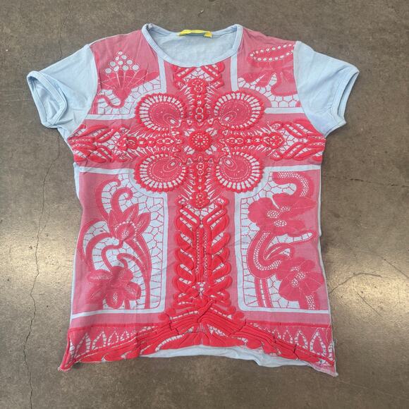 Vintage Y2K Fornarina Made In Italy Cross Embossed Puff Baby Tee Blue Pink M - Picture 1 of 6